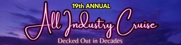 Banner with text: "19th Annual All Industry Cruise – Decked Out in Decades" against a dark purple sunset sky background.