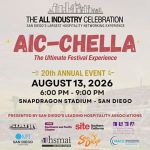 Event poster for the 20th annual AIC-CHELLA, held August 13, 2026, at Snapdragon Stadium in San Diego; ticket sales info and sponsor logos included.