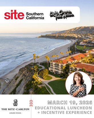 Aerial view of The Ritz-Carlton Laguna Nigel with palm trees and beach, promoting SITE Southern California Educational Luncheon And Incentive Experience on March 19, 2026.