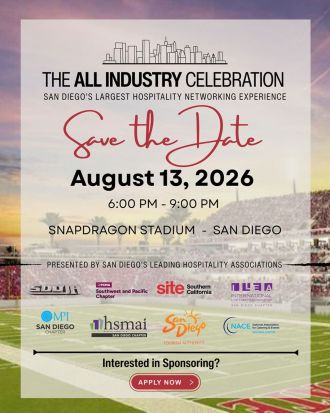 Event flyer for "The All Industry Celebration" on August 13, 2026, 6-9 PM at Snapdragon Stadium, San Diego. Includes sponsorship info and logos of hospitality associations.