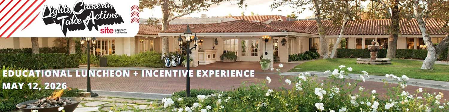 Exterior view of a Mediterranean-style building at Rancho Bernardo Inn with red tile roof and gardens; text promotes a the SITE SoCal educational luncheon and incentive experience on May 12, 2026.