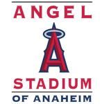 Logo with the words “Angel Stadium of Anaheim” in red and blue letters. The “A” has a halo above it, representing the Los Angeles Angels baseball team.