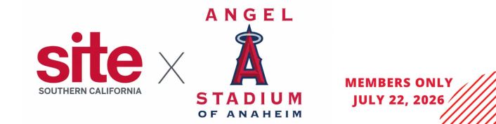 SITE Southern California and Angel Stadium Anaheim logos with text: "Members Only, July 22, 2026" on a white background.