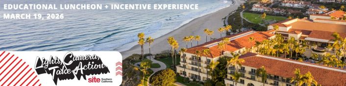 Aerial view of The Ritz-Carlton Laguna Nigel with palm trees and beach, promoting SITE Southern California Educational Luncheon And Incentive Experience on March 19, 2026.