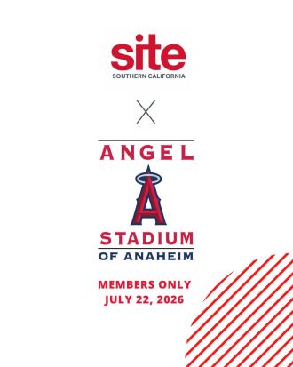 SITE Southern California and Angel Stadium Anaheim logos with text: "Members Only, July 22, 2026" on a white background.