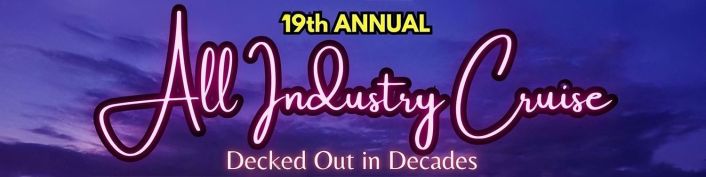 Banner with text: "19th Annual All Industry Cruise – Decked Out in Decades" against a dark purple sunset sky background.